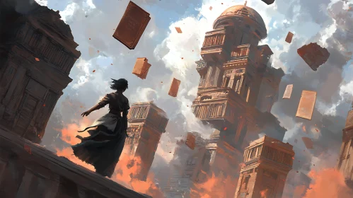 Woman Among Floating Buildings and Books