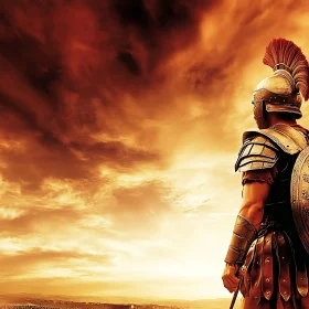 Warrior in Armor Against Fiery Sky