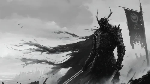 Armored Warrior in Monochrome Landscape