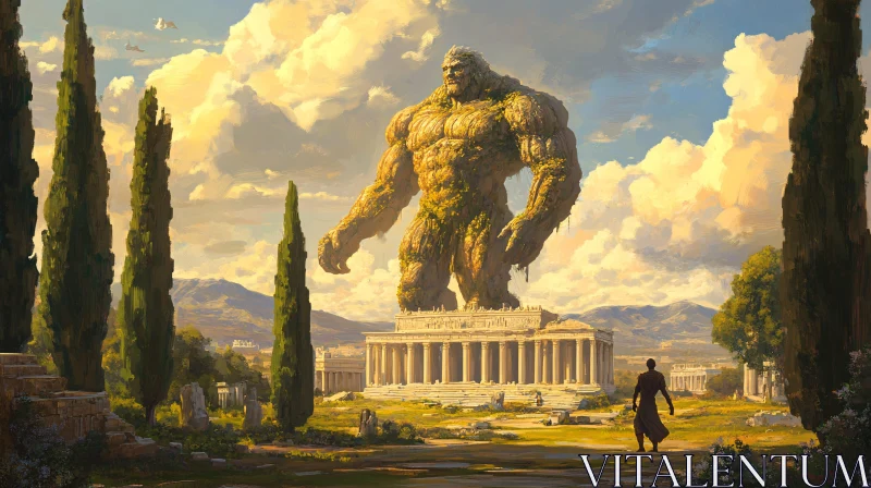 Colossus Overlooking Ancient Ruins AI Image