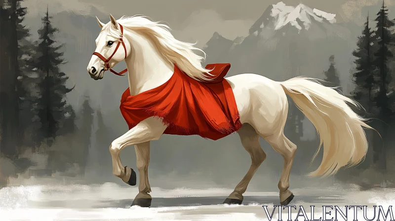 Horse with Red Cape in Snowy Mountains AI Image