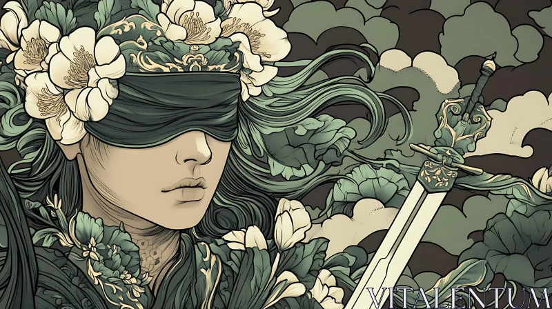 AI ART Green Tones: Woman with Sword and Flowers