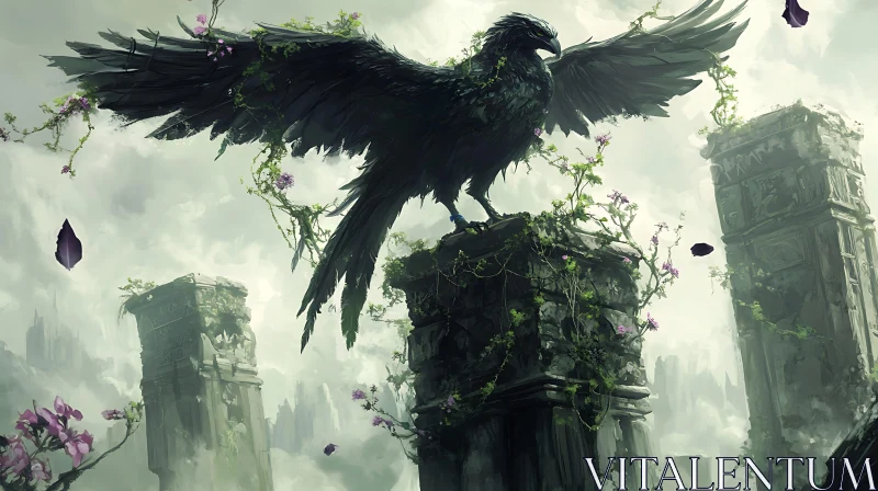 Mystical Raven on Stone Pillars Artwork AI Image