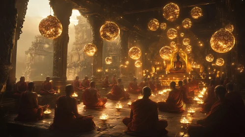 Monks Meditating in Candlelit Temple