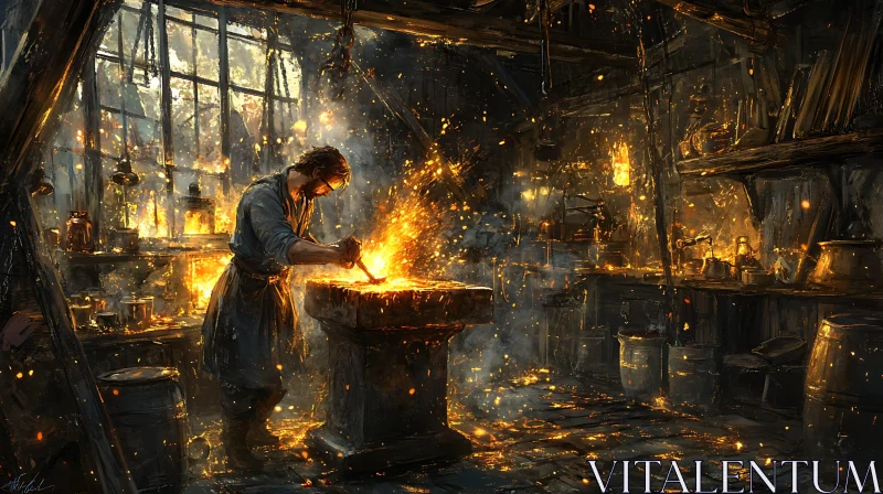 AI ART Artisan Blacksmith Shaping Metal with Fire