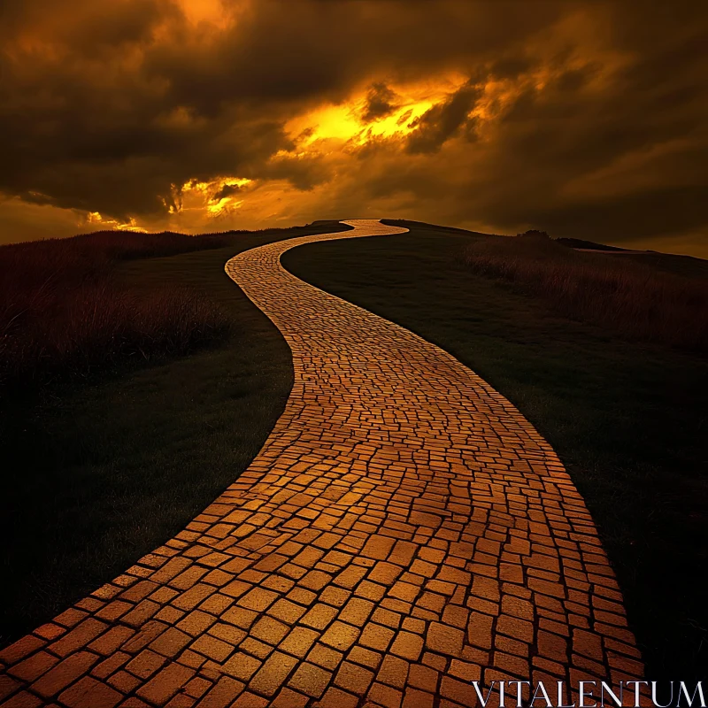 Winding Brick Road Under Stormy Skies AI Image