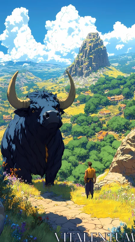 Colossal Bull in Mountainous Landscape AI Image