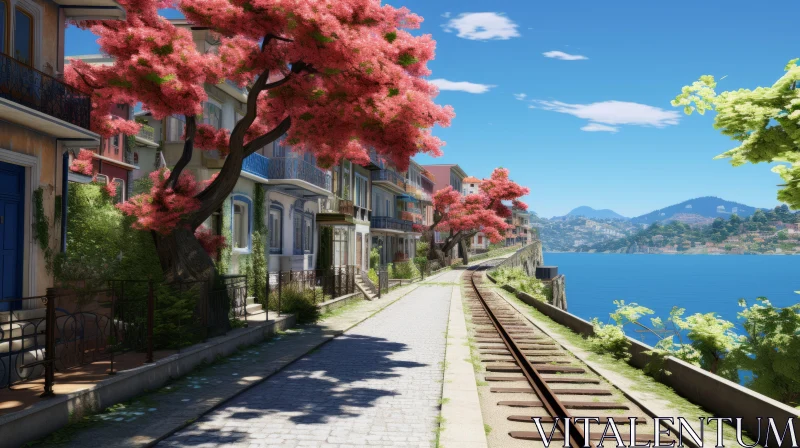 Anime-Inspired Train Track Scene with Red Flowers AI Image