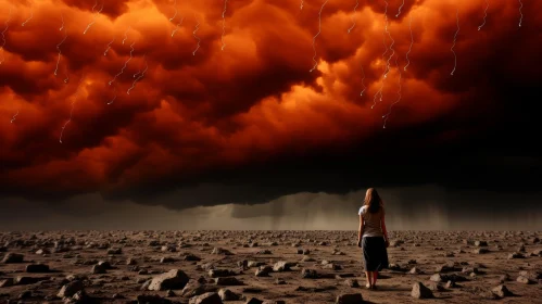 Apocalyptic Landscape with Woman Standing under Orange Storm Cloud
