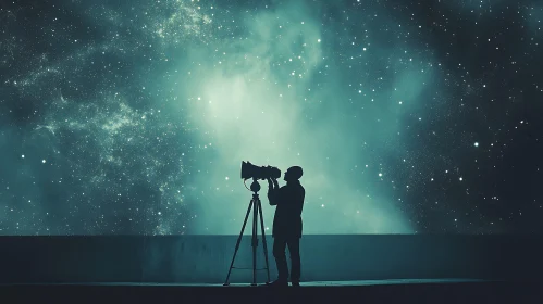 Man with Telescope Observing Starry Sky