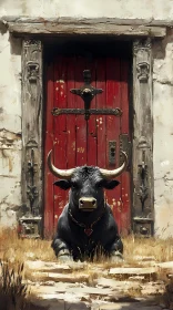 Resting Bull in Rustic Setting