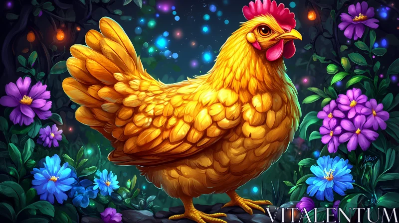 Whimsical Chicken Amidst Flowers AI Image