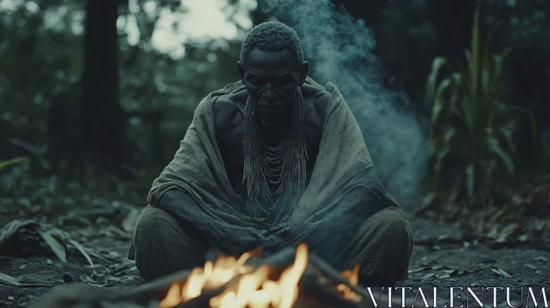 Tribal Man Meditating by Campfire AI Image