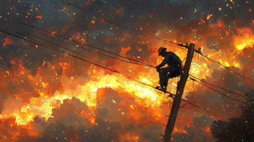 Lineman amidst Fiery Chaos on Power Line