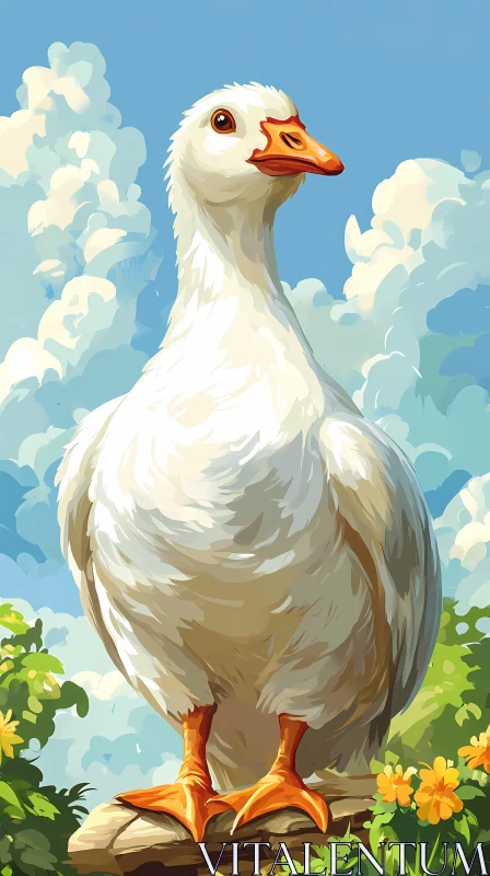 White Duck with Blue Sky Background AI Image