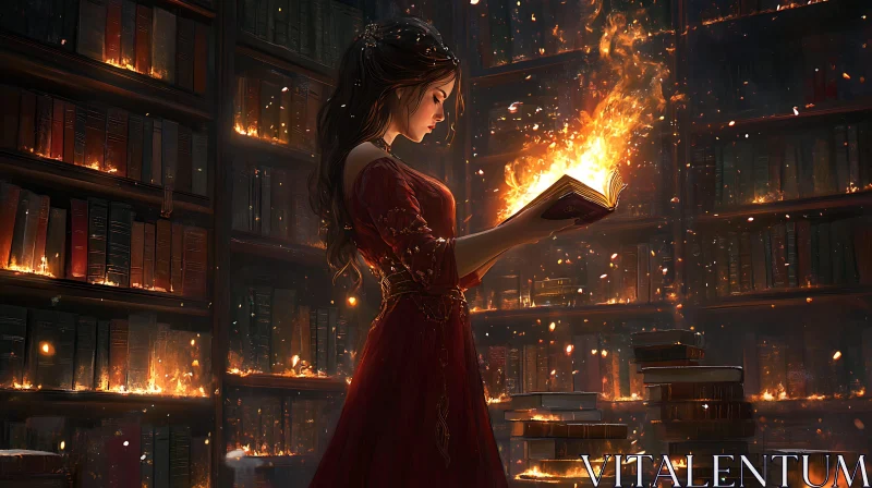 AI ART Library Woman Reading Fire Book