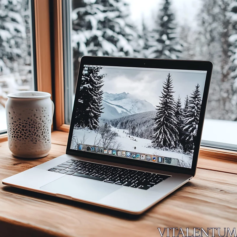 Serene Winter Landscape with Laptop and Mug AI Image