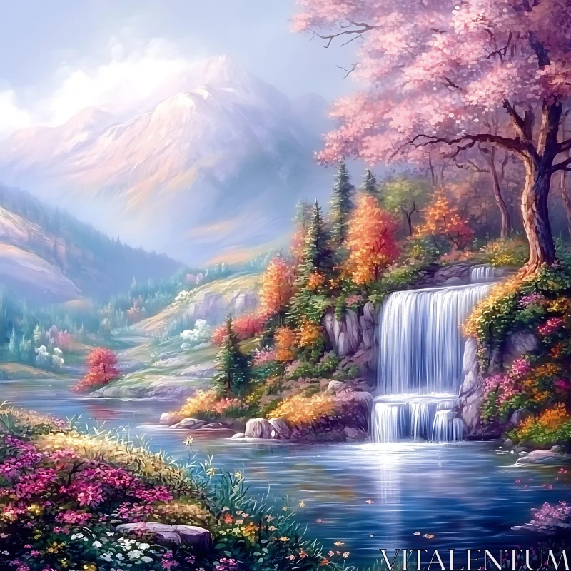 Serene Mountain Waterfall Scene AI Image