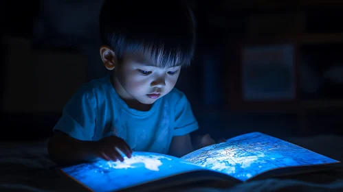 Boy Reading an Illuminated Book at Night