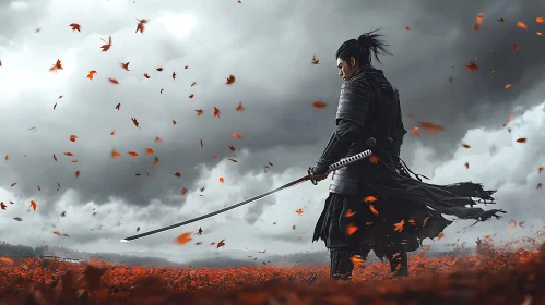 Lone Samurai with Katana in Autumnal Setting