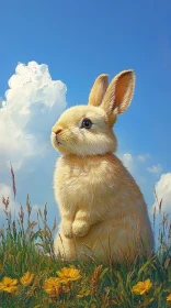 Bunny and Yellow Flowers Under Blue Sky