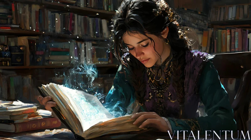 AI ART Library Luminescence: Woman Reading Magic Book