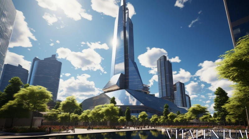 Futuristic Skyscraper Concept in Light Silver and Dark Blue AI Image