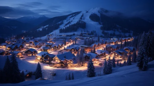 Illuminated Ski Town in Winter Night - A Picture of Tranquility