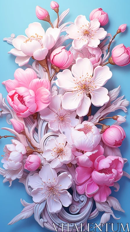 Pink and White Floral Arrangement on Blue Background AI Image