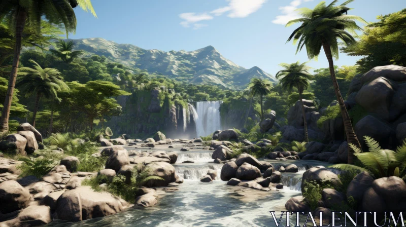 Serene Rainforest Waterfall Rendered in High-Quality Graphics AI Image
