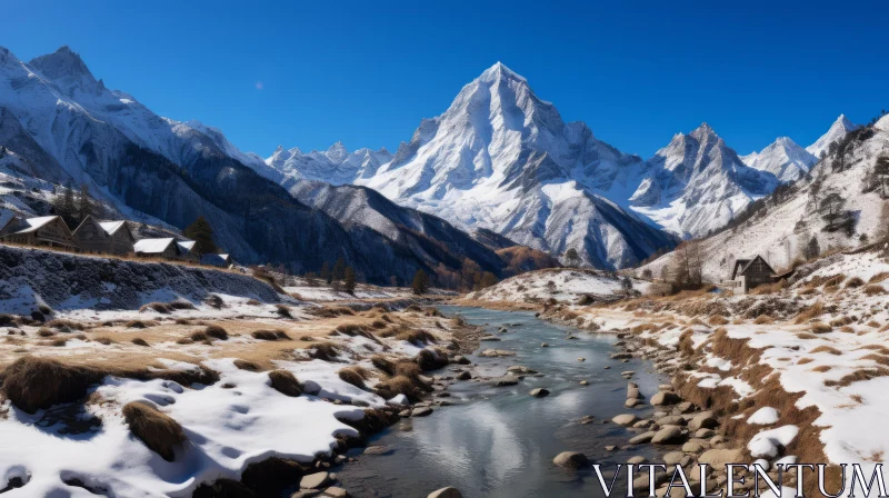 Snow-Covered Mountains with Stream - Zen Buddhism Inspired Landscape AI Image