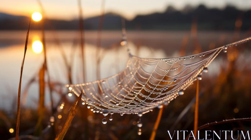 Sunset Spider Web Over Lake: Nature's Intricate Artwork AI Image