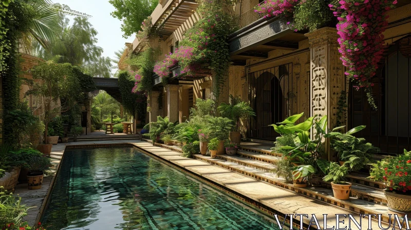Tranquil Courtyard with Swimming Pool and Lush Greenery AI Image