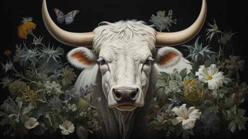 White Bull Amidst Flowers - A Moody Tonalist Artwork