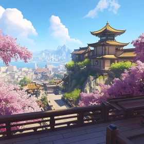 Temple and Cherry Blossoms in Japanese City