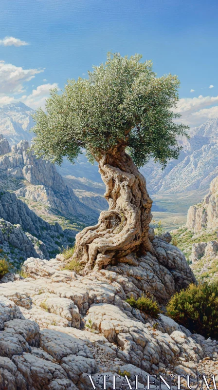 AI ART Gnarled Tree and Mountain View