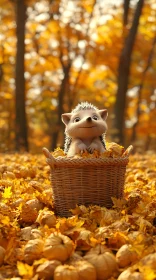 Hedgehog in Basket Among Fall Leaves