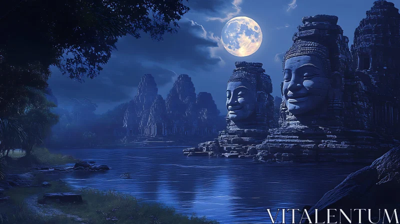 AI ART Angkor Stone Faces in Lunar Glow