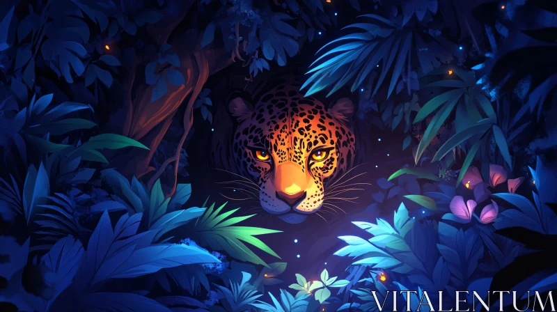 Mystical Leopard in the Night Jungle AI Image