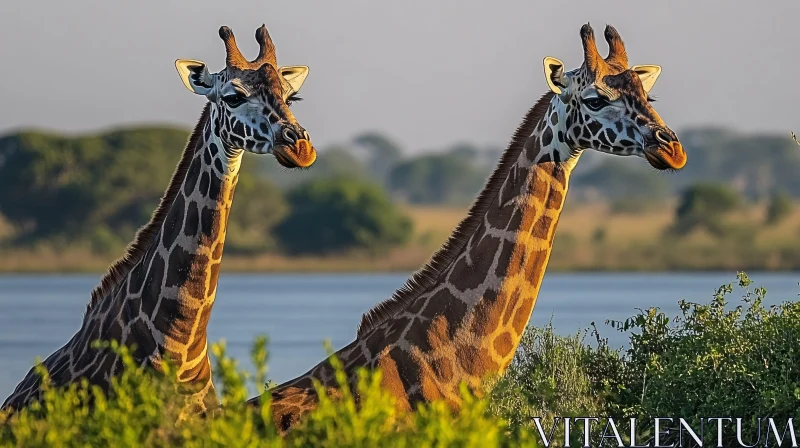 Peaceful Giraffe Pair by Water AI Image