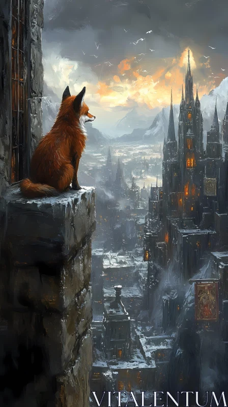 Fox Overlooks Snowy Castle AI Image