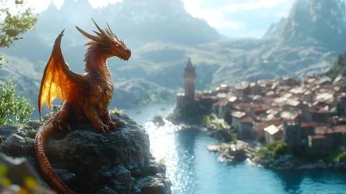 Fantasy Dragon Perched on Cliffside Vista