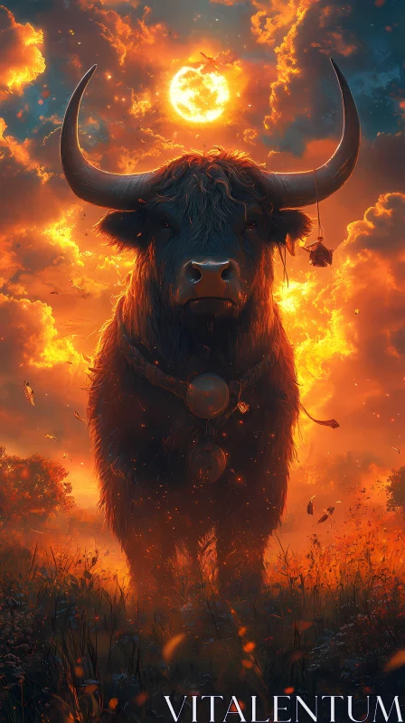 AI ART Fiery Bull Under an Eloquent Sunset