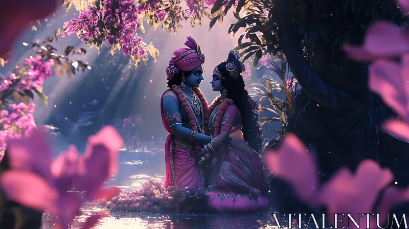 Serene Couple in Pink Garden AI Image