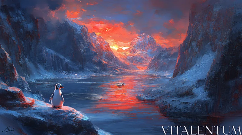 Peaceful Penguin at Icy Sunset AI Image