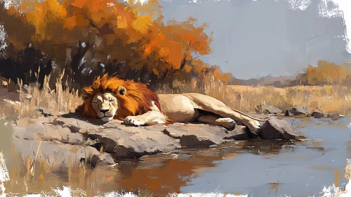 Lion Resting in Autumn Landscape