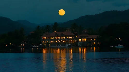 Building at Night with Moon Reflection