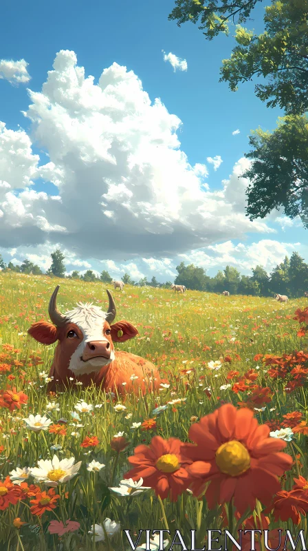 AI ART Serene Cow Resting in a Colorful Field