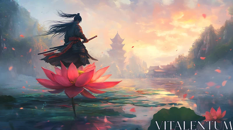 AI ART Warrior's Bloom: A Tranquil Oriental Scene