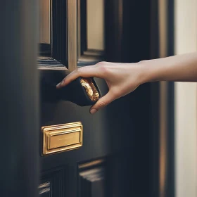 Luxurious Gold-Adorned Door Handle Grasped by Hand